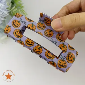 Purple with Jack-O’-Lanterns Rectangle Spooky Cute Hair Claw Clips, Halloween Fun Horror Durable Plastic for Women & Girls, Hair Accessory for Wife, GF, Bestie, BFF, 4 Inches, Premium Quality, Perfect for long & thick hair