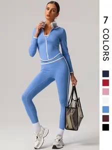 Women's Long Sleeve Crop Top & High Waist Leggings Sportswear Set, Comfy Breathable Sports Outfits for Yoga Gym Workout Running, Ladies Sportswear for All Seasons