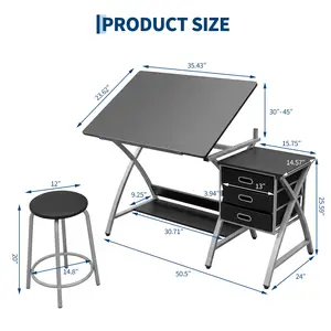 Adjustable Drafting Table, Tilting Drawing Table with Stool & Storage Drawer, Multi-Angle Tabletop Art Desk Drawing Desk for Artist, Painters, Home Office Study Workstation