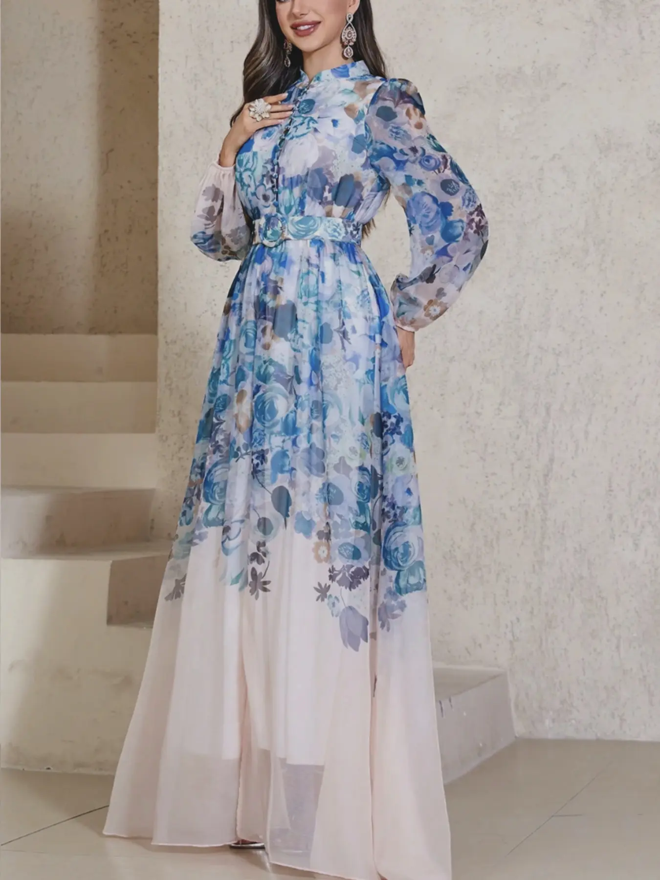 Blue Watercolor Floral Dress, Stand Collar Transparent Long Sleeve, Wide Belt Split Formal Evening Gown, Party Nightwear