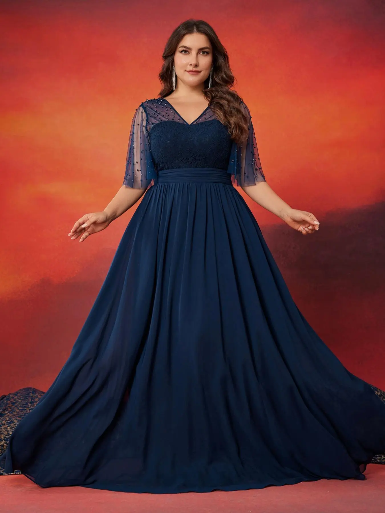 BluePlum plus-size beaded V-neck backless floor-length dress, elegant Summer Formal evening dress, suitable for special occasions, unique beaded mesh shawl design, stunning and perfect for weddings and parties.
