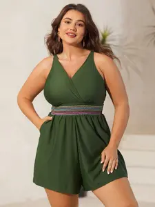 BLOOMCHIC ArmyGreen Colorful Webbed Surplice Pockets Swim Romper Swimsuit Women Summer Beach Vacation High Stretch Tunic Removable Cups Tankini Top