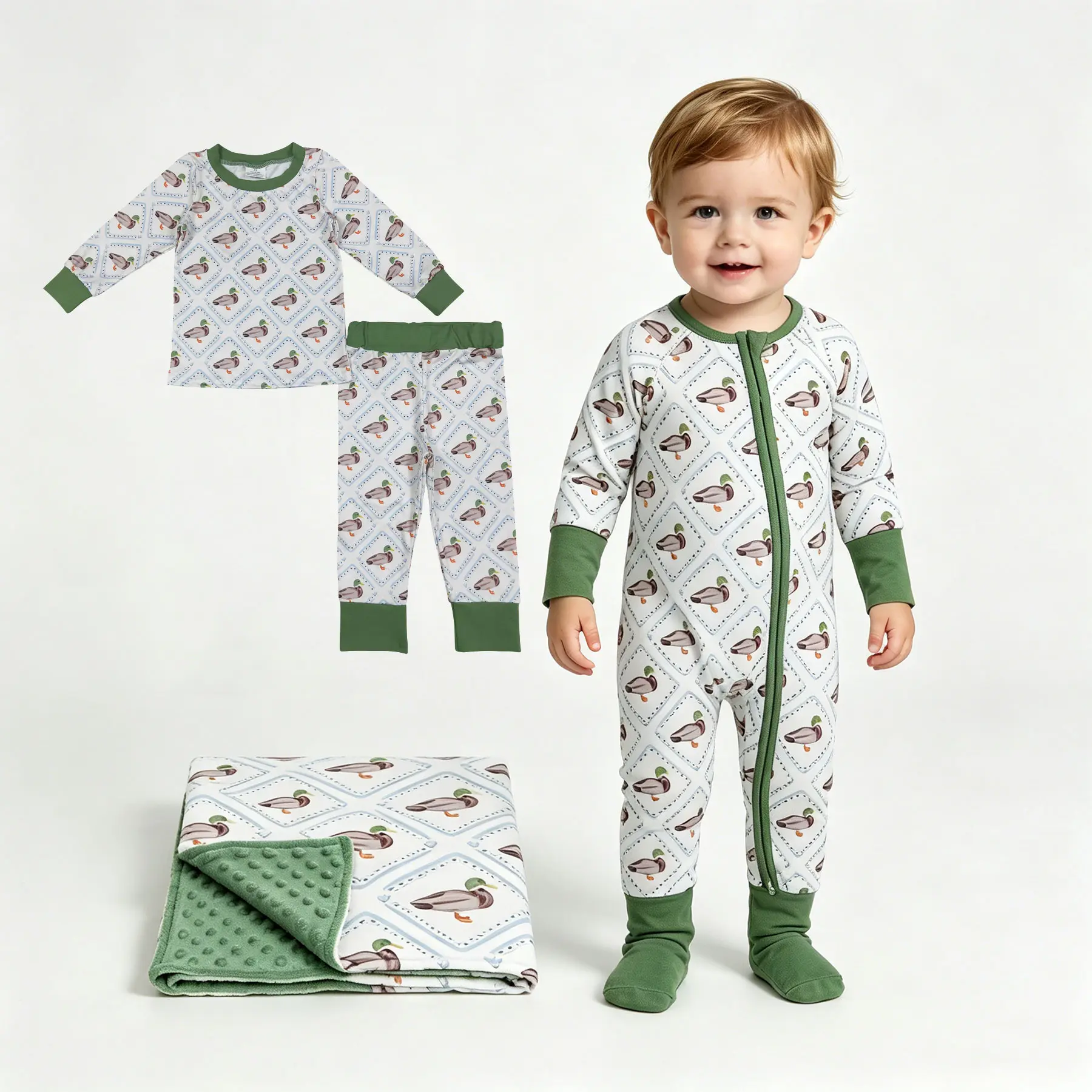 Baby Boys Fitted Character-Themed Hunting Mallard Duck Long-Sleeved Jumpsuit - Cozy Double-Ended Zipper Infant Sleepwear, Baby Boys Clothing Sleep Suit
