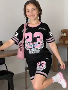 Girls' T-Shirt and Shorts Set with Number Print, Fashion Style Sets, Casual Streetwear for Kids, Perfect Gift for Outdoor Activities, All Seasons Fitted