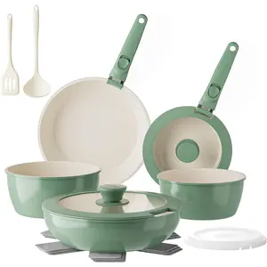 Ceramic Nonstick Pans and Pots Set, Ceramic Cookware Set with Detachable Handles16Pcs, Induction Dishwasher Oven Safe Kitchen Cooking Set,  PFOA & PTFE Free, Green