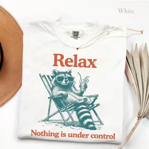 Comfort Colors Raccoon Lying On Beach Chair T Shirt, Relax Nothing Is Under Control Shirt, Funny Summer Shirt, Vintage Raccoon Tee, Unisex Casual T-Shirts