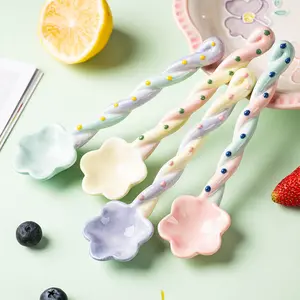 Cute Long Ceramic Spoon Set, Candy Color Glazed Cartoon Dessert Spoons, Irregular Handle Design, Fresh Dining Utensils, Ice Cream Yogurt Scoops, Cute Tableware, Dinnerware Utensils