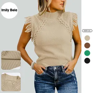 Imily Bela Womens Sleeveless Sweater Vest Mock Neck Cable Knit Fringe Cap Sleeve Boho Trendy Pullover Tank Tops
