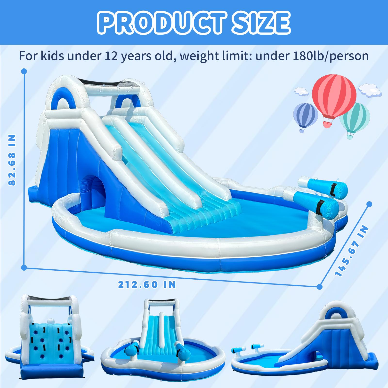 Inflatable Double Water Slide Large Climber Inflatable Water Park for Big Kids 5-10-Huge Splash Pool-Easy to Set Up & Inflate with Air Blower Carrying Case Water Pipe Storage Bag-Bule