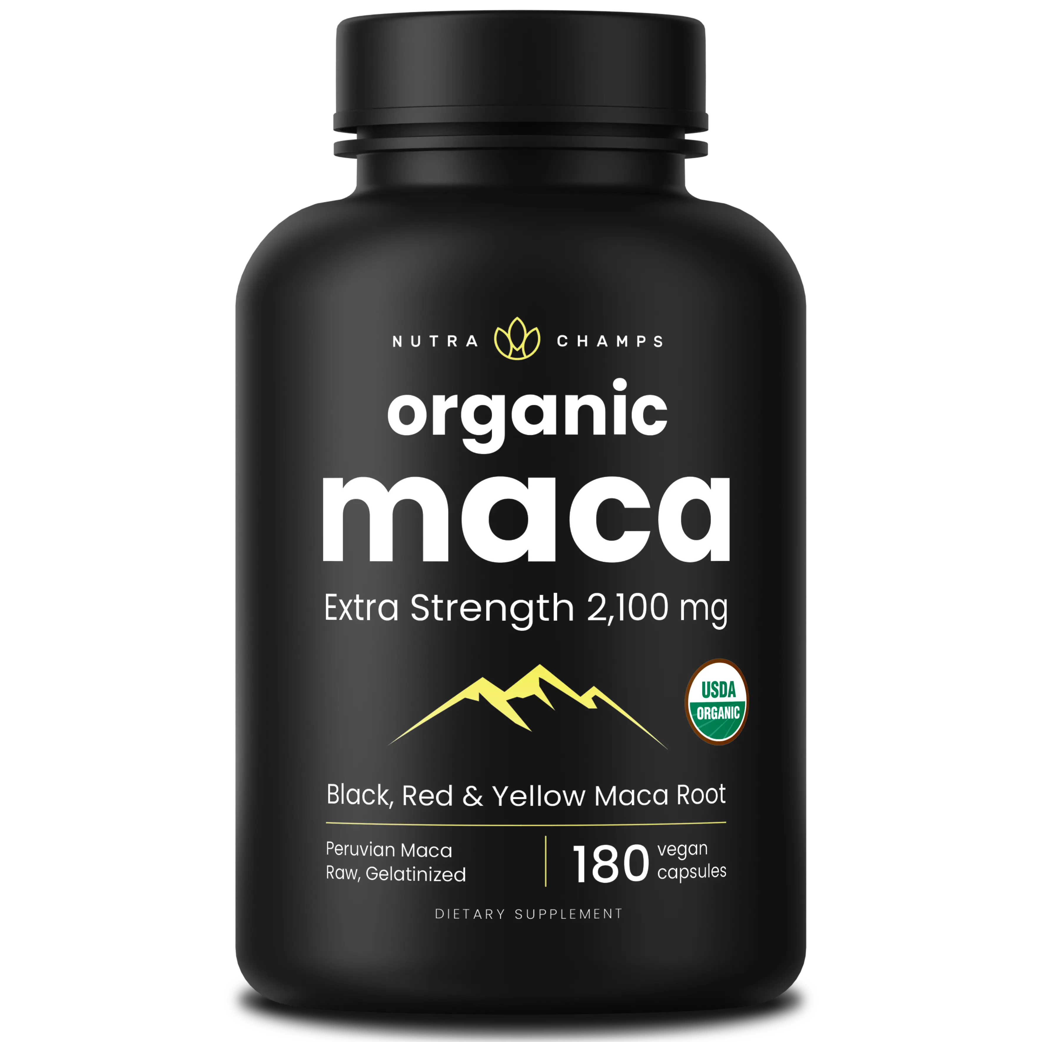 NutraChamps USDA Organic Maca Root Capsules for Women & Men, 2100mg, 180 Capsules, Black, Red & Yellow, Peruvian Maca Peruana, Extra Strength Pure Premium Gelatinized Root Powder Supplement