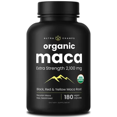 NutraChamps USDA Organic Maca Root Capsules for Women & Men, 2100mg, 180 Capsules, Black, Red & Yellow, Peruvian Maca Peruana, Extra Strength Pure Premium Gelatinized Root Powder Supplement