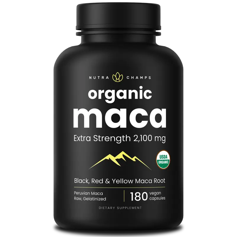 NutraChamps USDA Organic Maca Root Capsules for Women & Men, 2100mg, 180 Capsules, Black, Red & Yellow, Peruvian Maca Peruana, Extra Strength Pure Premium Gelatinized Root Powder Supplement