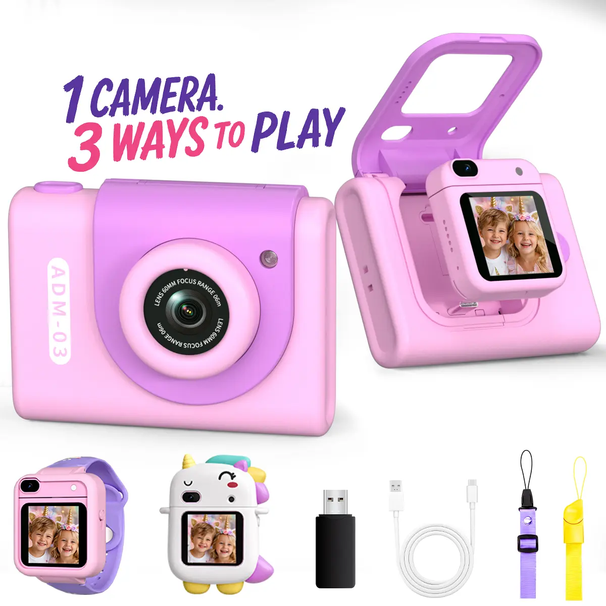 MYVIA Kids Camera, 3 Ways to Play – Toy Camera Watch, Action Cam & Digital Camera for Boys and Girls Ages 3–12, 1080P HD Video with Selfie, Easy-to-Use for Travel, Outdoor Play & Family Moments, 32GB SD Card Included, Perfect Gift for Kids