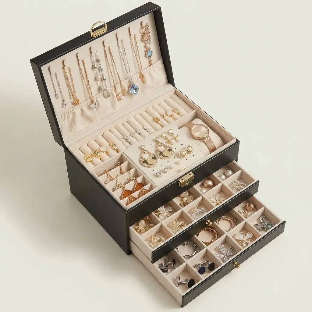 Large-Capacity Three-Layer Jewelry Box, Leather Multi-Functional Jewelry Box, Watch Box With Lock, Storage Box, Ring Earrings Necklace Storage Container.