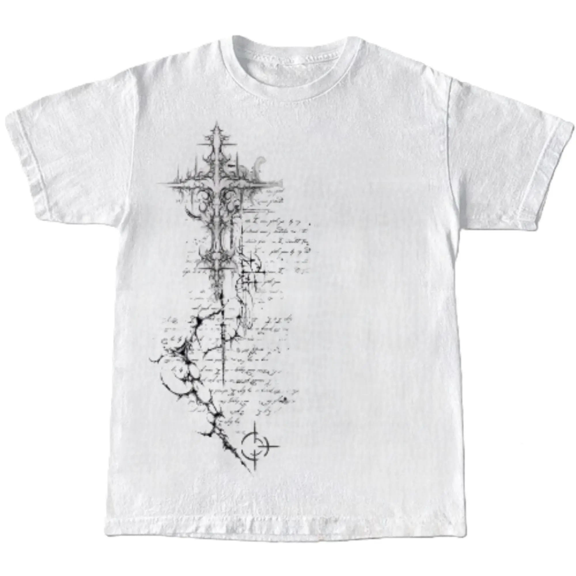 Gothic Cross Calligraphy Graphic T-Shirt | Y2K Streetwear White Tee