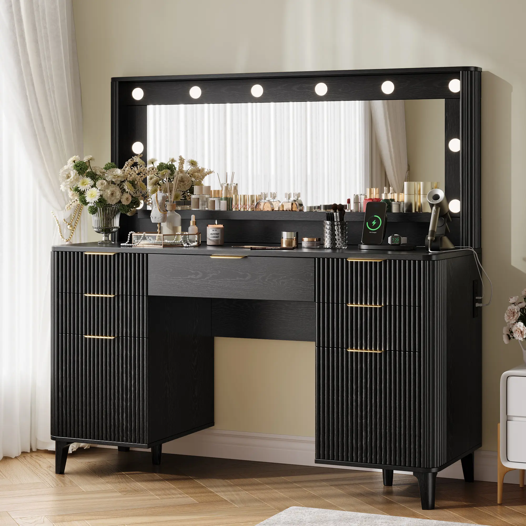 TOKSOM 48.8" Fluted Vanity Desk with Mirror and Adjustable LED Lights, Walnut/Natural/White/Black Color Makeup Table with Four Large Drawers and Two Cabinets and Charging Station for Women and Girls, Bedroom or Dorm/Best Gift Ideas/Valentine’s Day Gift