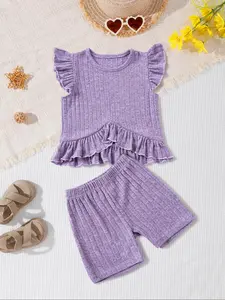 Two-Piece Set Toddler Girl's Cute Solid Ruffle Trim Tee & Shorts Set, Elegant Fashion Casual Round Neck Top & Shorts for Daily Outdoor Wear, Toddler Girls Two-piece Outfits for Summer, Baby Clothing, Clothes Set