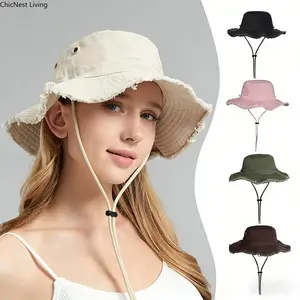 Premium-Style Frayed Edge Soft Foldable Sun-Protective Bucket Hat - Anti-Ultraviolet, Collapsible, Portable Foldable, Slimming Face Effect, Large Head Fit, Versatile Design, Spring/Summer Outdoor Sports Headgear, Anti-Ultraviolet Hats, Collapsible Hats