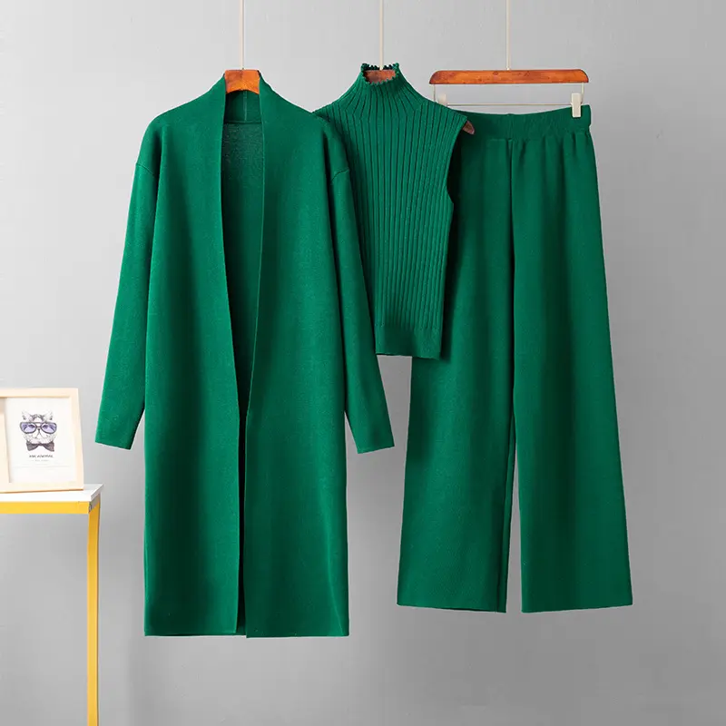 New Autumn And Winter Women'S Loose Set, Including Long Wide-leg Pants, A Shawl Cardigan, And A High-neck Vest Sweater, A Fashionable Three-piece Set. casual elegant