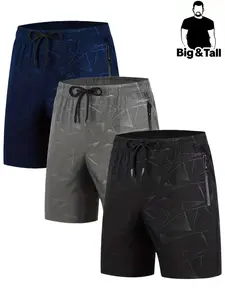 Men's Plus Size 3 Pack Quick-Dry Lightweight Athletic Shorts, Geometric Print Gym Casual Gym Shorts, Loose-Fitting All Seasons Workout Bottoms