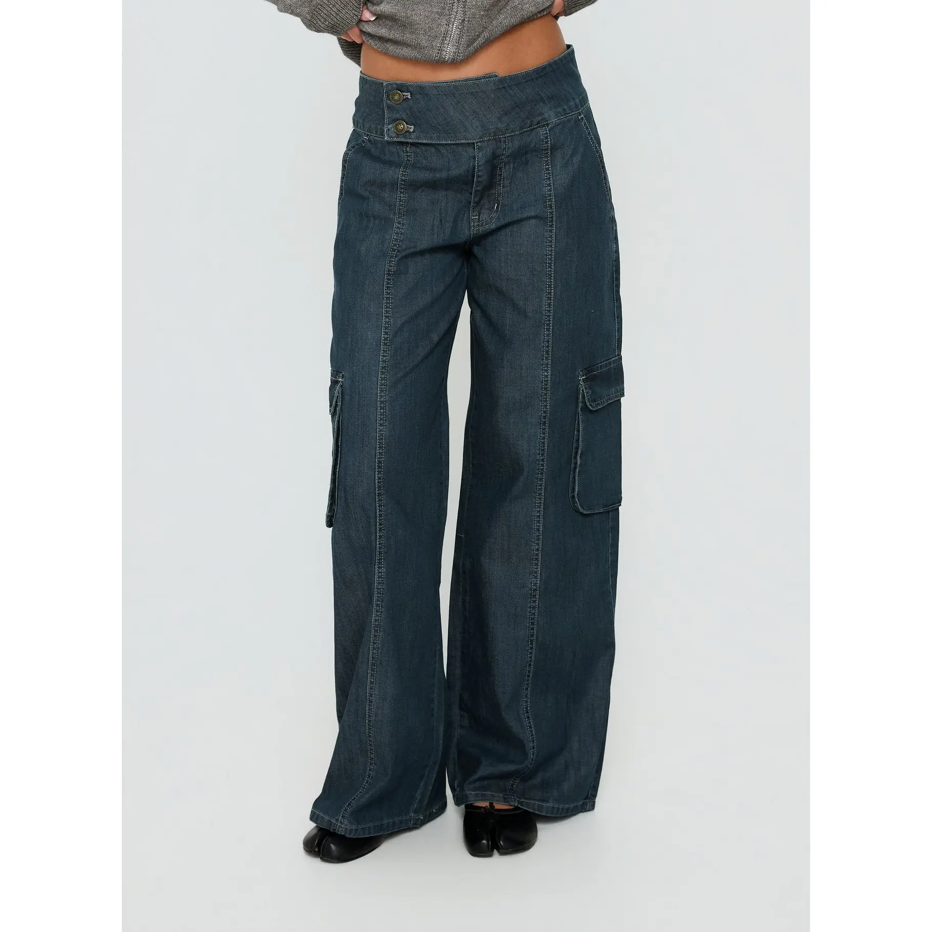 Nikoletta Mid Rise Wide Leg Cargo Jeans Dark Blue Wash