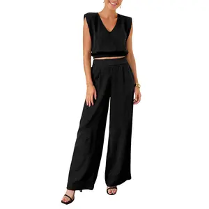 Fisoew Women's 100% cotton 2 Piece Outfits Summer Linen Lounge Sets Sleeveless v Neck Crop Top Wide Leg Pants Vacation Beach Set