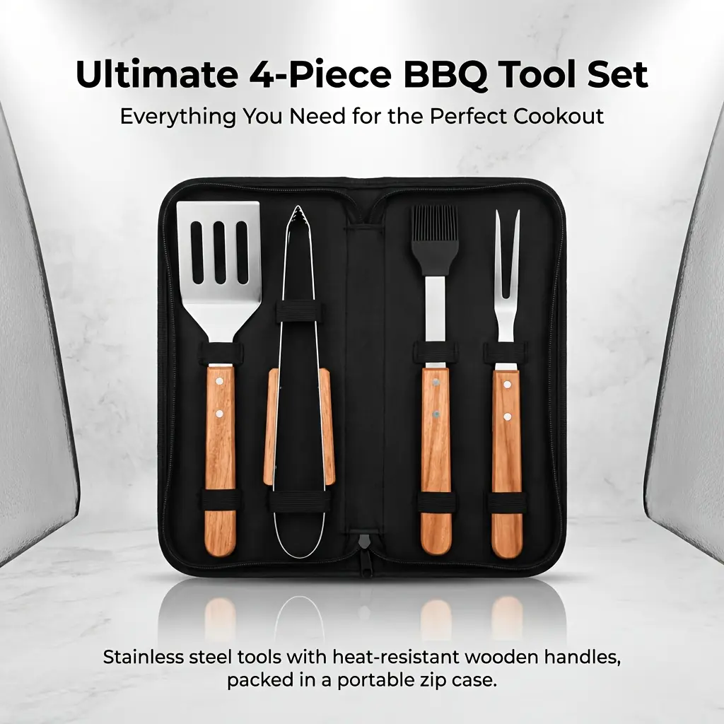 4 Pack BBQ Grill Tool Set, Stainless Steel Barbecue Accessories with Wooden Handle, Spatula Tongs Fork Basting Brush, Portable Storage Bag Grill Utensils Kit for Outdoor Camping Backyard Grilling