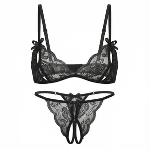 Women's 2-Piece Sexy Lingerie Set in Sheer Floral Lace | Strappy Bralette and Crotchless Thong with Adjustable Straps for a Custom Fit, Plus-Size Friendly Date Night Outfit