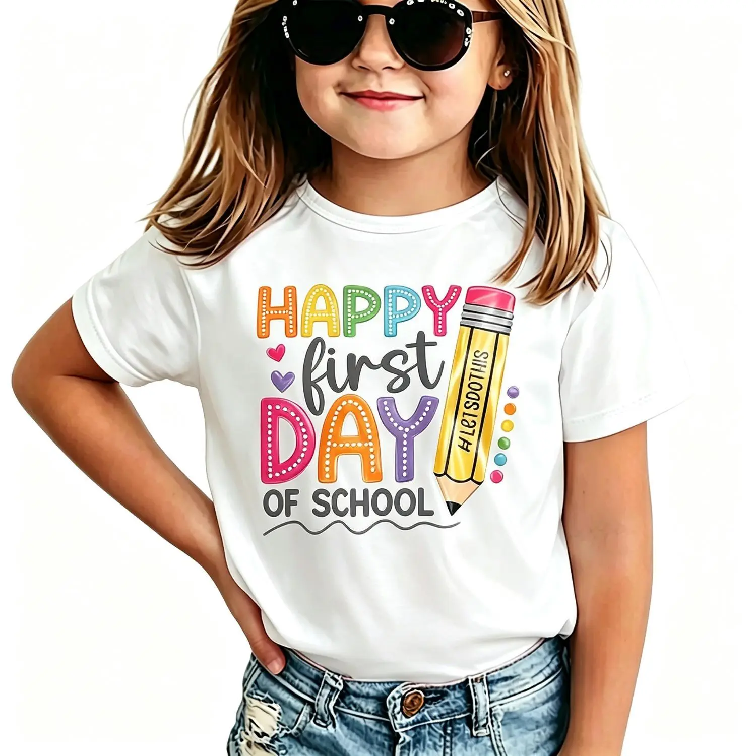 Happy First Day Of School Kids Graphic Tee Cute Pencil Back To School Casual Short Sleeve Shirt For Girls Kindergarten Preschool First Day Outfit