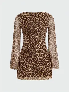 Women's Leopard Print Fitted Longsleeves Flounce Sleeve Tulle Casual Bohemian Dress, Feminine Fashion Casual Elegance Tie Back Backless Long Sleeve Dress for Daily Outdoor Wear, Boat Neck Dress, Casual Everyday Wear