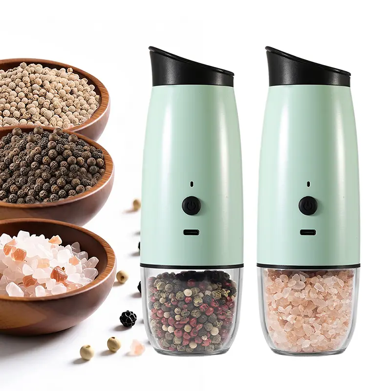 Aesthetic 2-Piece Rotating Seasoning Grinders Set - Sturdy Rechargeable Gravity-Swing Automatic Pepper & Salt Grinders, Adjustable Coarseness, USB Charging, 3.5oz/90mL Capacity, 2.4x7in Size, Indoor-Outdoor Kitchen Utensils Gadgets