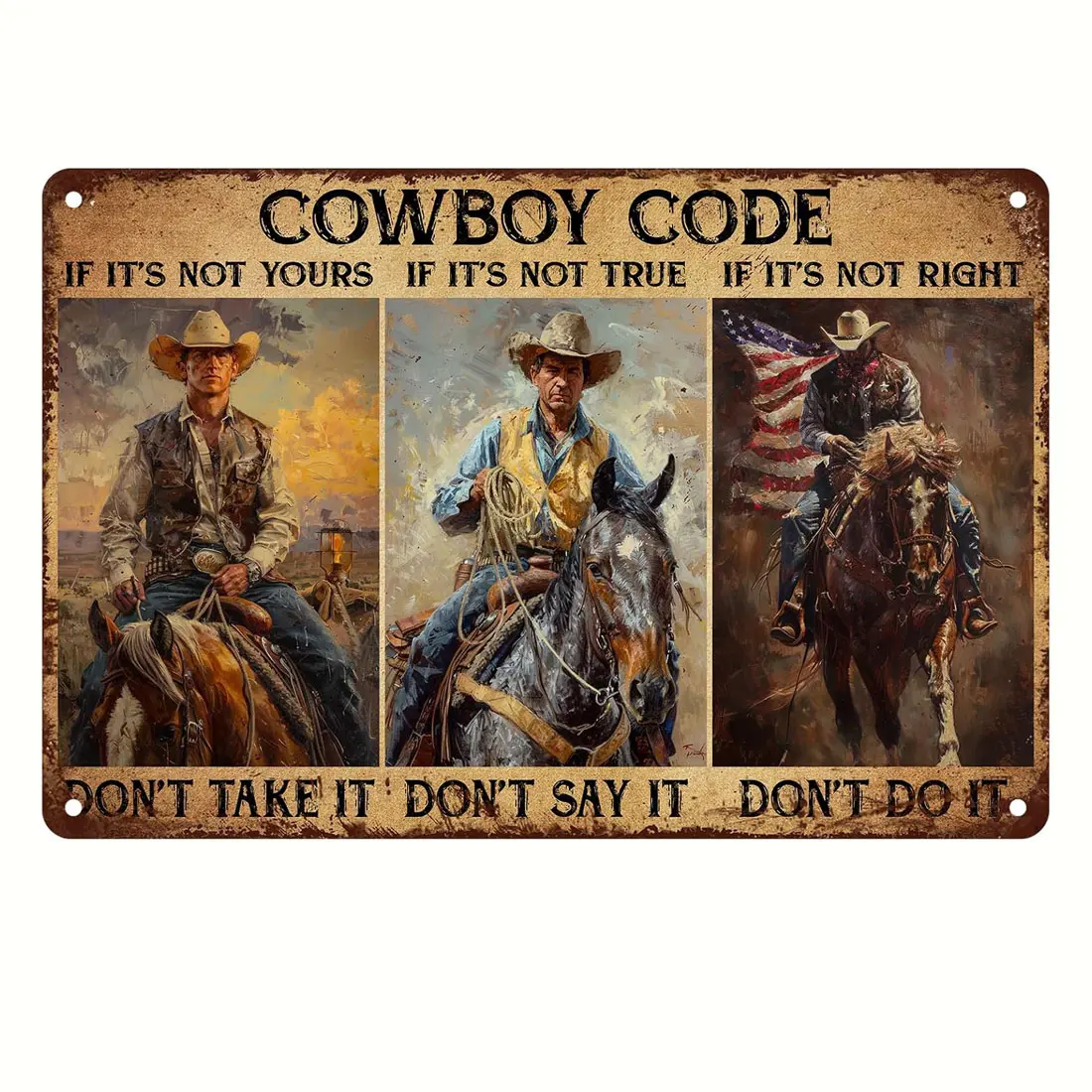 8x12 Inch Cowboy Metal Tin Sign, Western Decor Cowboy Code Rustic Vintage Wall Art, Lightweight Gift for Men Dad Man Cave Home Decor Plaque