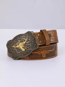 Men's Western Cowboy Style High Quality Buckle Belt, Western Concho Belts, Vintage Bull Head Decor Buckles Pu Leather Waist Belt, Stylish Belts, Daily Clothing Decor, Trendy All-match & Exquisite Floral & Bull Embossed Fashion Belt for Gift