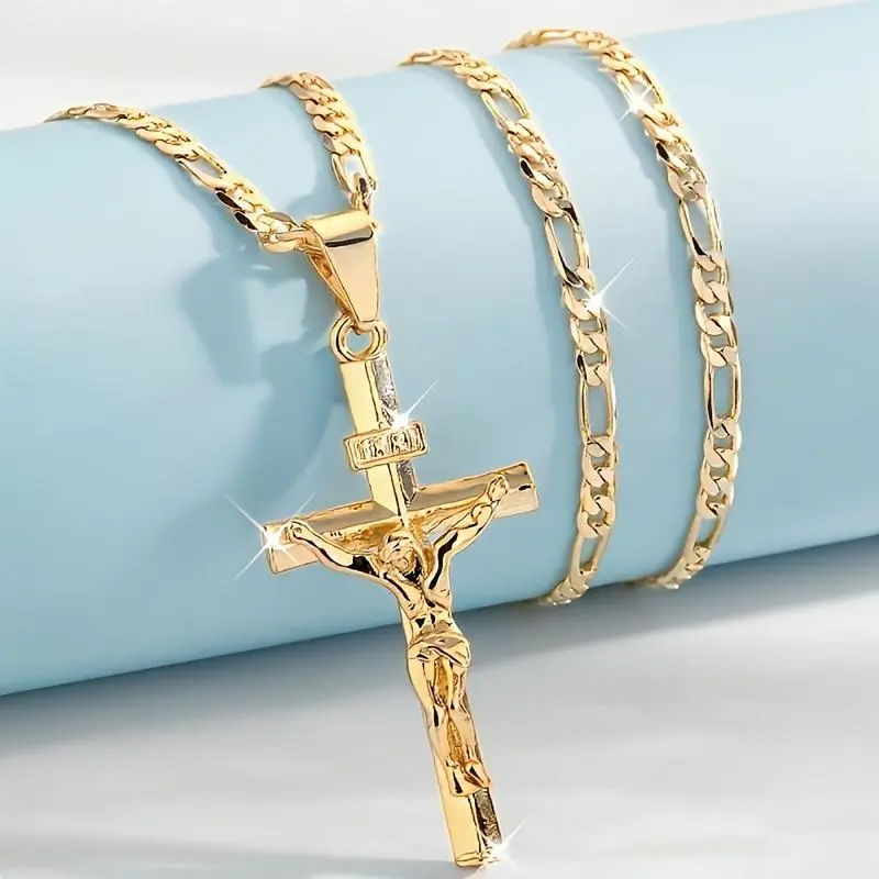 Men's Vintage 14K Gold-Plated Jesus Cross Pendant Necklace with Smooth Chain, Religious Gold Jewelry & Jewellery for Guys Gifts, Mens Gifts (Easter, Graduation Occasions)