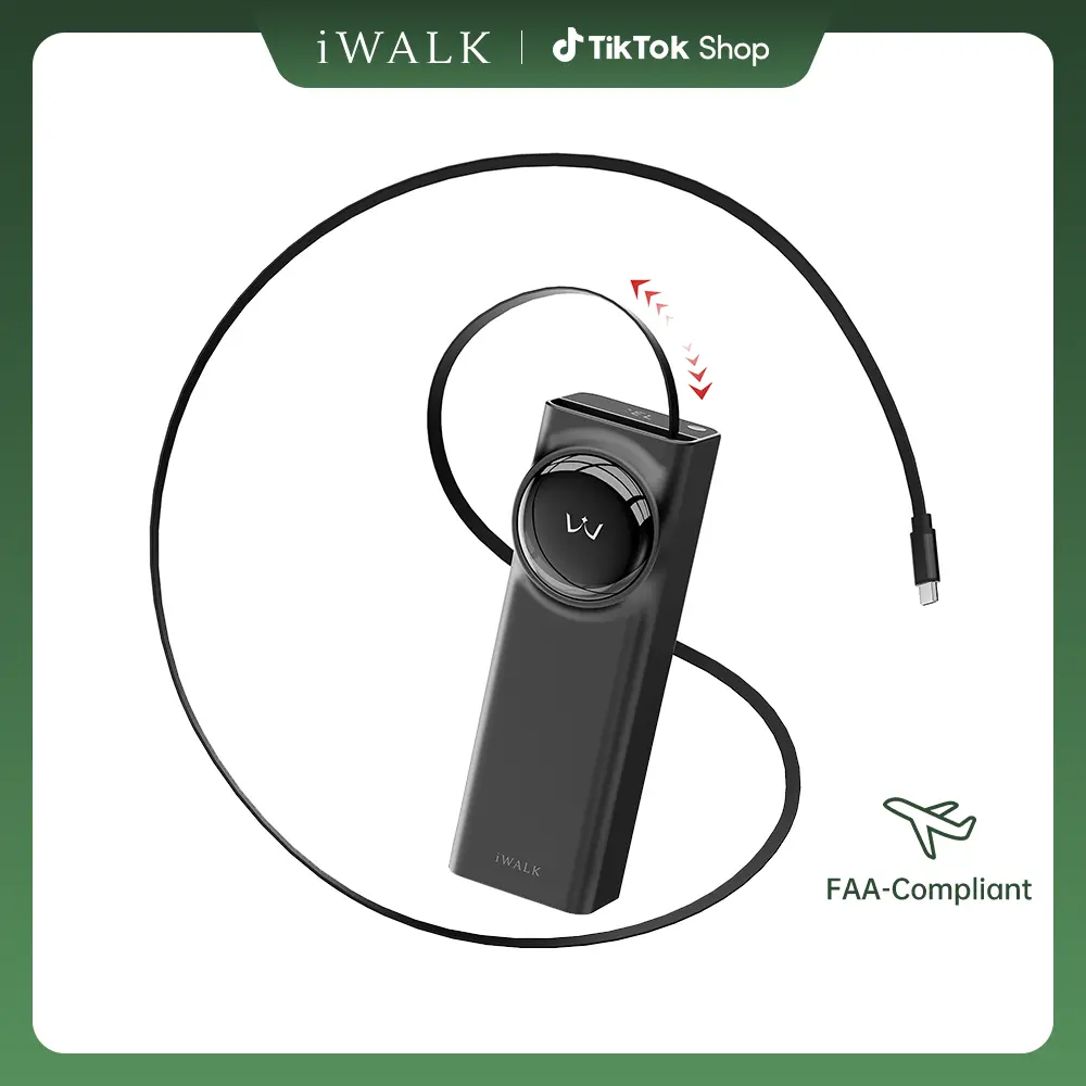 viverr iWALK LinkPod Reel 20000mAh 65W Portable Power Bank Charger, Mobile Smartphone Accessory with Retractable USB-C Cable, Dual Ports, LED Display, Compact Travel-Friendly White Portable Charger for Phones Laptops