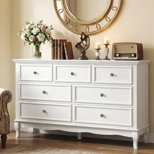 【Summervibes】RoyalCraft Modern 7-Drawer White Dresser with Solid Wood Legs & Painted Finish, Large Wooden Storage Cabinet Organizer for Bedroom, Living Room, Closet Organization, Dresser Set Style with Matching 3-Drawer Nightstand (Sold Separately)