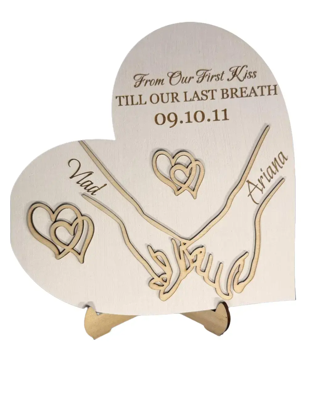 Personalized Heart Gift - Handcrafted Laser-Engraved Wooden Keepsake with Names & Date - 3D Layered Design - 7 Inch - Custom Stand Included - Perfect for Anniversaries Weddings Special Dates