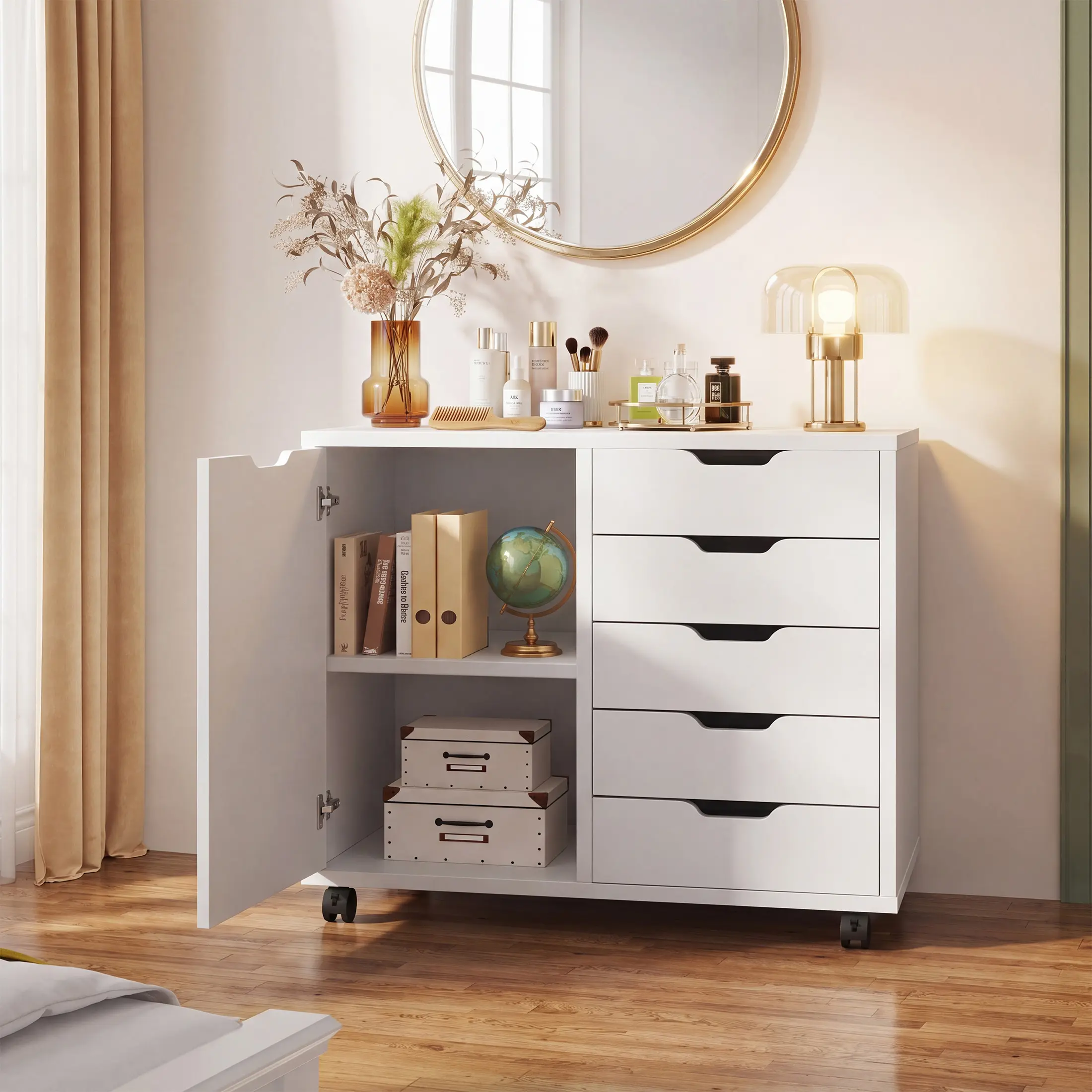Wood File Cabinet & Mobile Printer Stand – 5 Drawers, Adjustable Shelf, Locking Wheels – Home Office Storage
