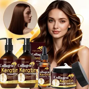 4-piece collagen keratin hair care set, containing collagen, keratin, castor oil, cleanses scalp, moisturizes hair, reduces tangles, including shampoo, conditioner, hair mask, essential oils, Haircare, Hydrating, Cleansing, Daily, Moisturizing