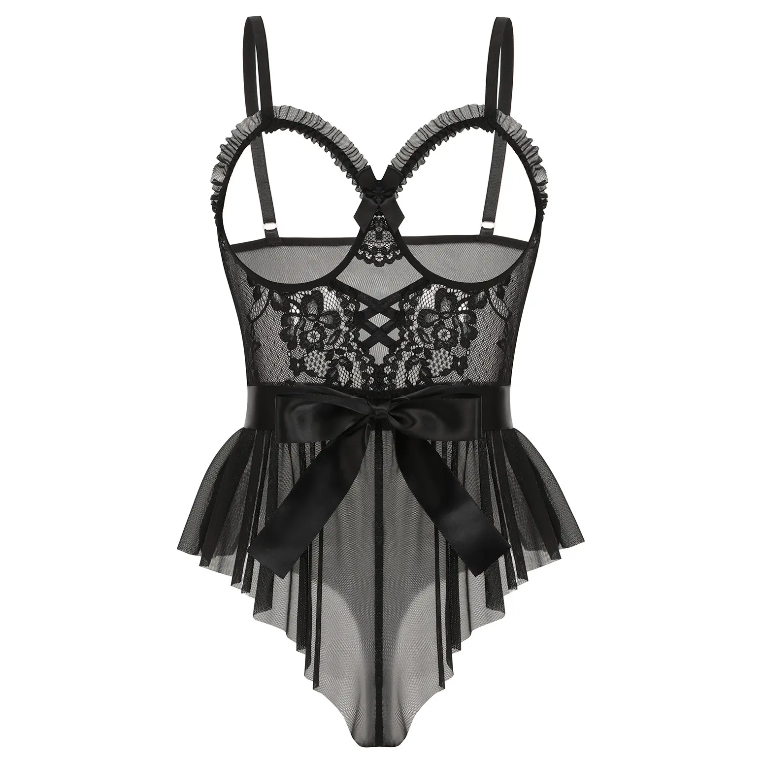 Avidlove Women Lingerie Lace Teddy Bodysuit One Piece Ruffle Babydoll Mesh Sleepwear with Satin Tie