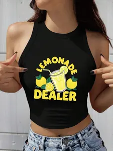 Women's Summer Sleeveless Crop Top, Sexy Letter Lemon Pomegranate Fruit Print, Slim-Fit Casual Wear, Soft Comfortable Knit Fabric, Womenswear