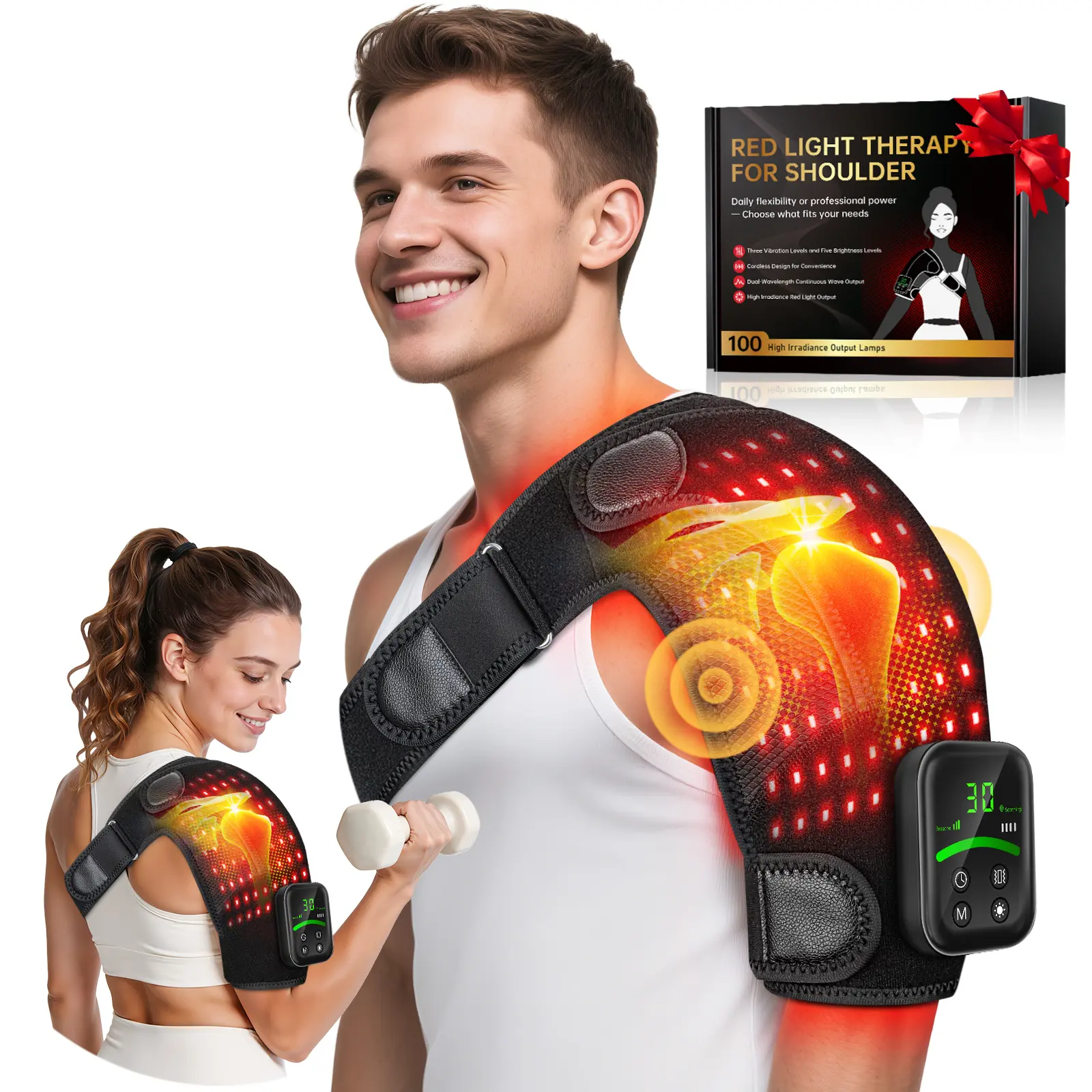 Upgraded Cordless 5000mAh Red Light Therapy for Shoulder with Massage, 100 LEDs 6 Modes Shoulder Brace, 660nm/850nm Infrared Light Therapy Wrap, Adjustable Pressure Pad, Fits Left & Right Shoulders