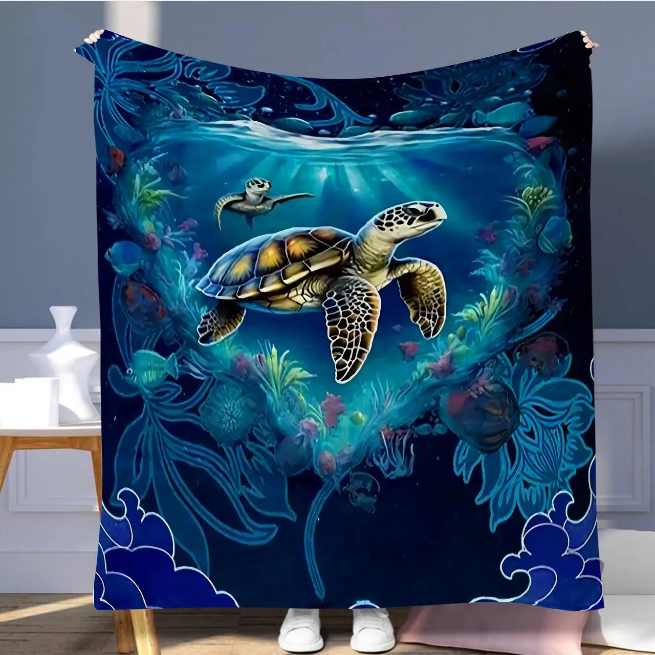 Sea Turtle Pattern Blanket, Ocean Style Blanket, 1 Count Colorful Soft Throw Blanket, Air-conditioned Room Blanket, Warm Nap Blanket for Home & Office & Travel, Lightweight Cozy Blanket