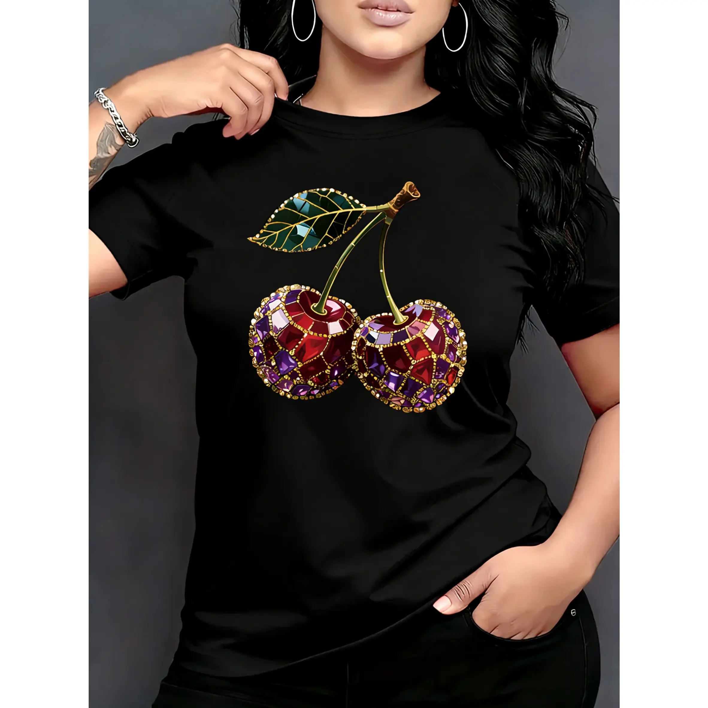Women's Smooth Fabric Printed Short-Sleeve Round Neck T-Shirt, Cherry Pattern,Sweet Elegant Fit, Birthday Gift, Travel Vacation Wear,mechanic