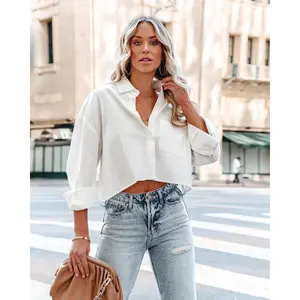 Wome'sButtonDownCroppedShirtsOngSleeveCasualCropTopsSolidLapelBlouseShirtwithChestPocketFashionStyle