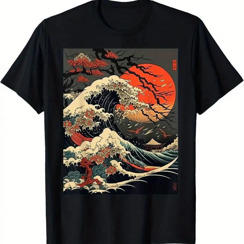 Unisex Vintage Japanese Wave Ukiyo-e Graphic Cotton Short-Sleeve T-Shirt - Round Neck, Smooth, Minimalist, Sweat-Wicking, Wrinkle-Resistant Casual Sports Top for Daily Wear, Shortsleeve, Tshirt