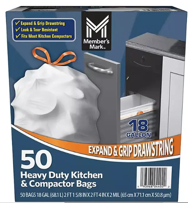 Member's Mark Heavy Duty 18-Gallon Kitchen & Compactor Trash Bags, 50 ct. Drawstring Pack Set White