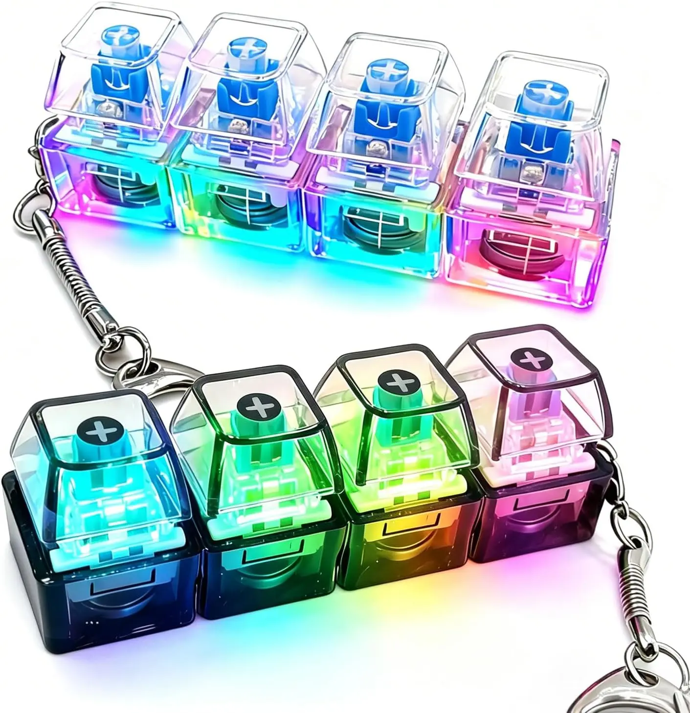 1/2PCS LED Light Keyboard Fidget Keychain, 4-in-1 Stress Relief Clicker Toy, Finger Keyboard Button Clicker for Anxiety Relief, Sensory Decompression Toy for Teens & Adults
