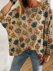 Women's Floral Colorblock Print Knit Top, Casual Elegant Vacation Boho Clothing Style, Comfortable Breathable Loose Fit, Batwing Shoulder Design, Spring Summer Fall Fashion