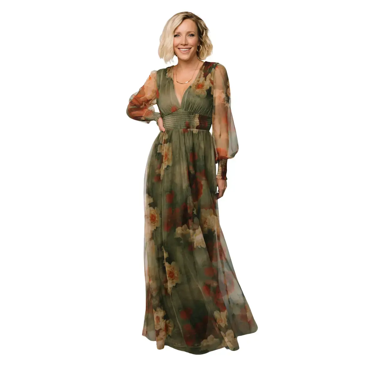 Women's Layla Tulle Maxi Dress - Olive-Rust, Pregnancy Garment with Feminine Matching Details